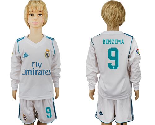 Real Madrid #9 Benzema Home Long Sleeves Kid Soccer Club Jersey